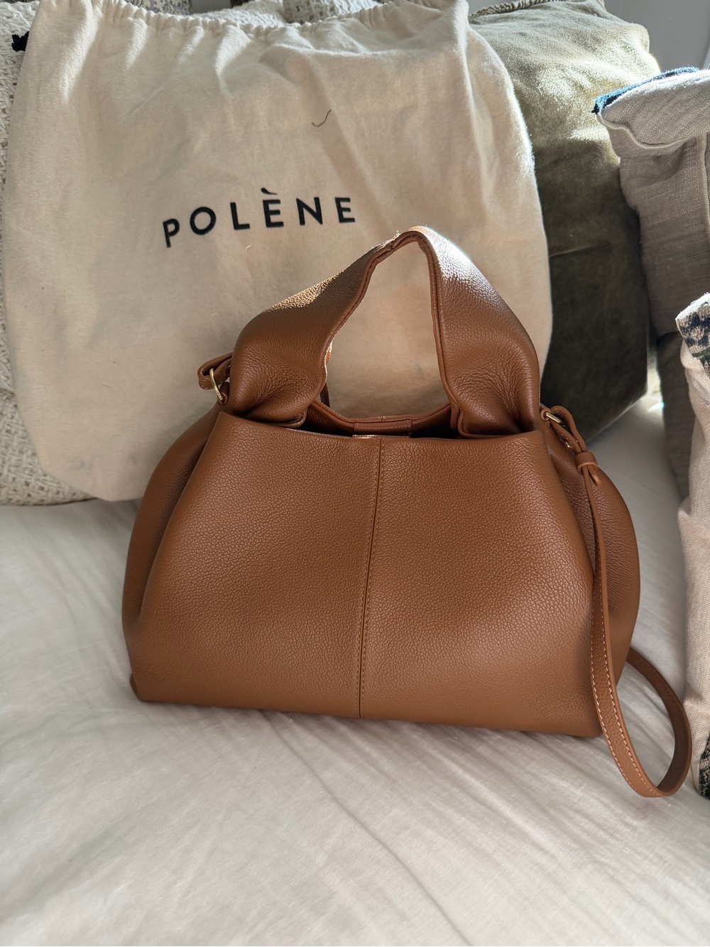 Polène Neuf Tan Leather Shoulder Bag - Sculpted Top Handle